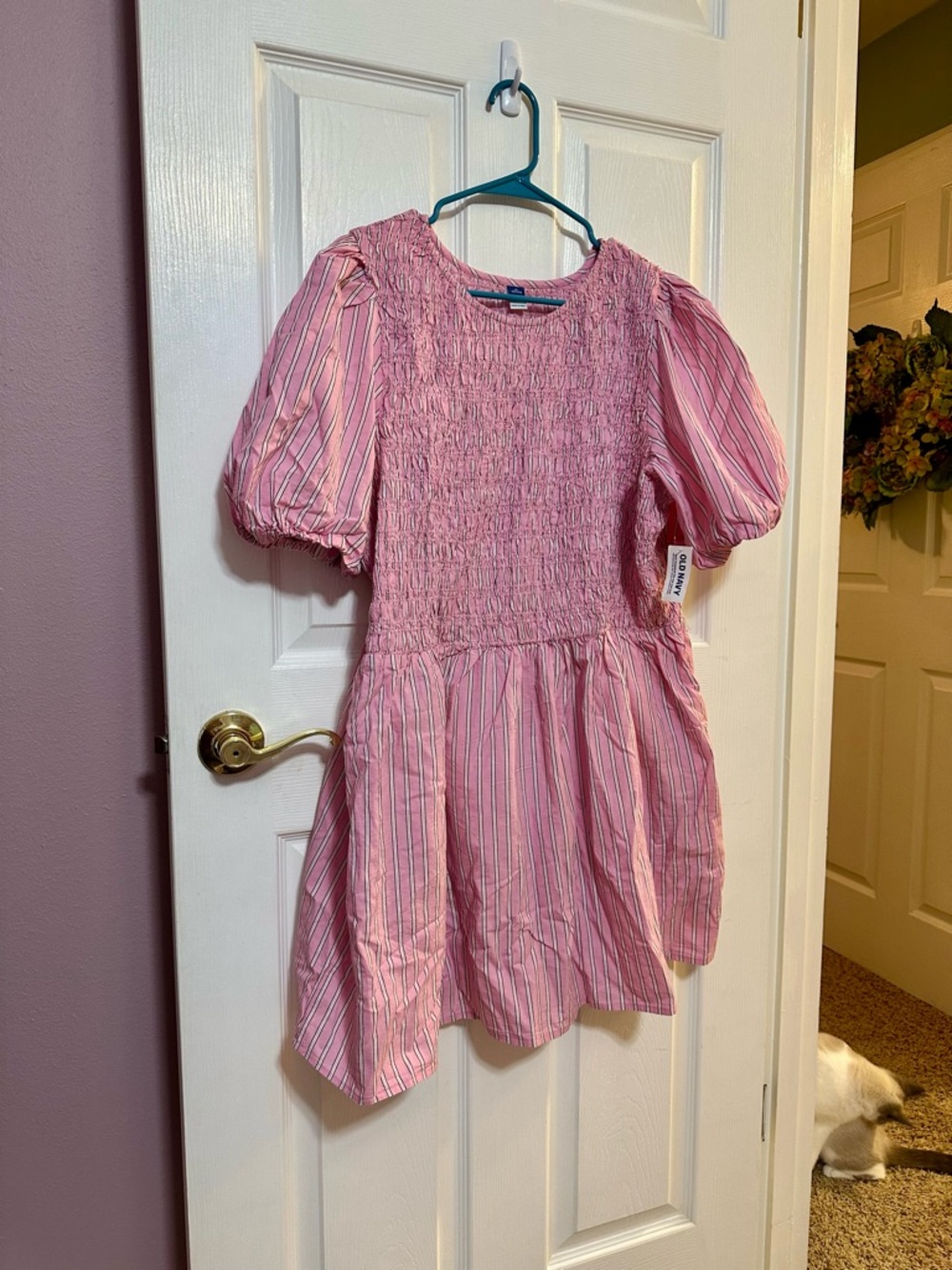 Old Navy NWT XL Petite Smocked Puff-Sleeve Flare Mini Dress in Pink Stripe - Picture 3 of 4